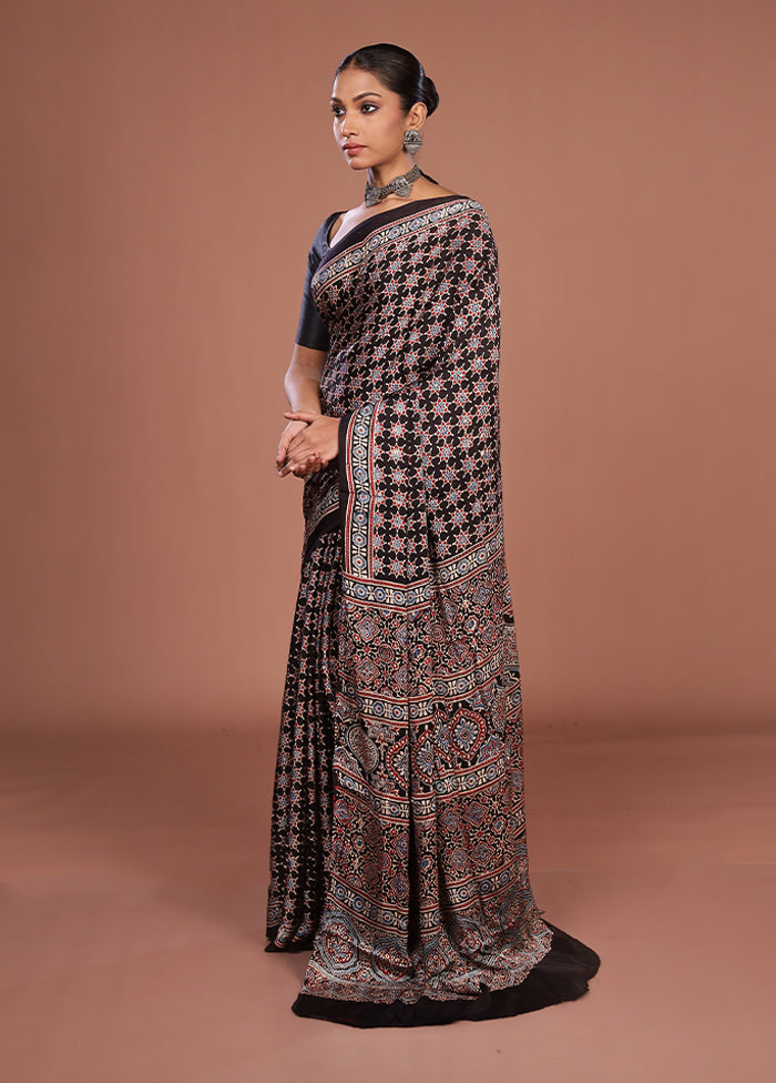 Black Printed Pure Silk Saree Without Blouse Piece