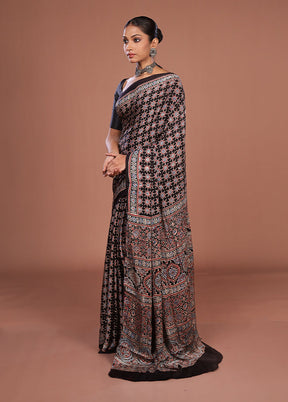 Black Printed Pure Silk Saree Without Blouse Piece