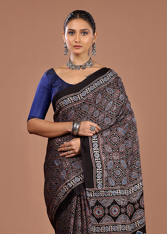 Black Printed Pure Silk Saree Without Blouse Piece