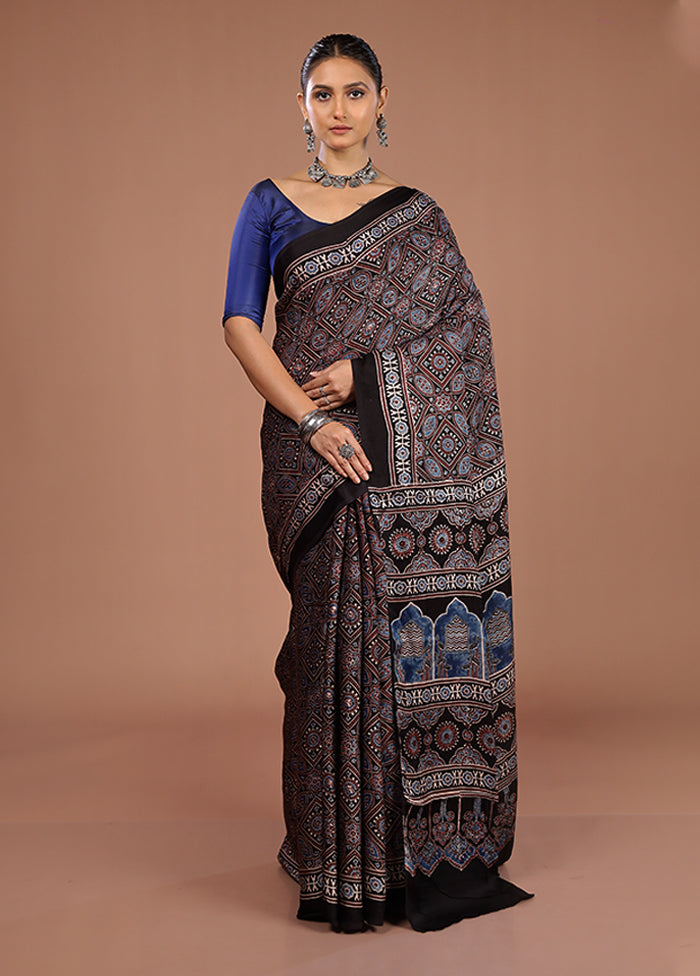 Black Printed Pure Silk Saree Without Blouse Piece