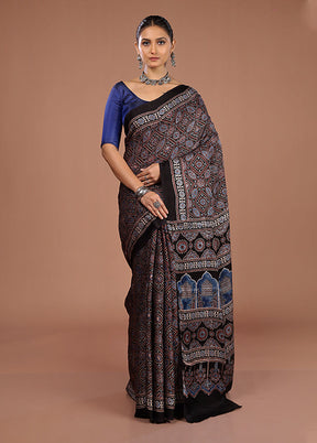 Black Printed Pure Silk Saree Without Blouse Piece