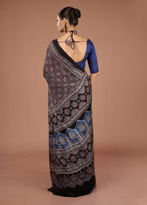 Black Printed Pure Silk Saree Without Blouse Piece