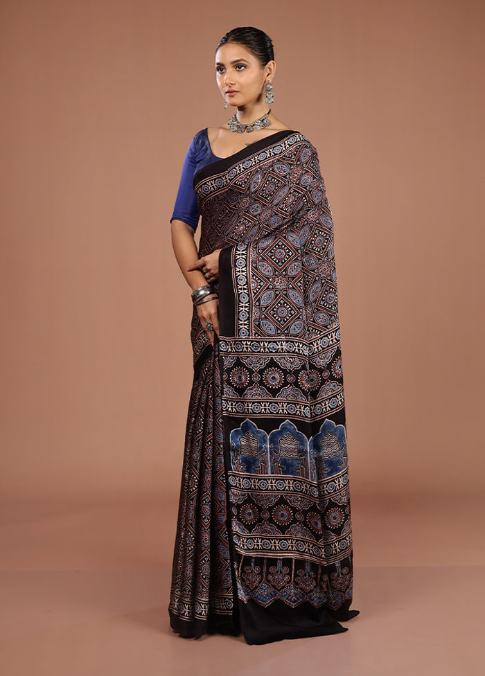 Black Printed Pure Silk Saree Without Blouse Piece