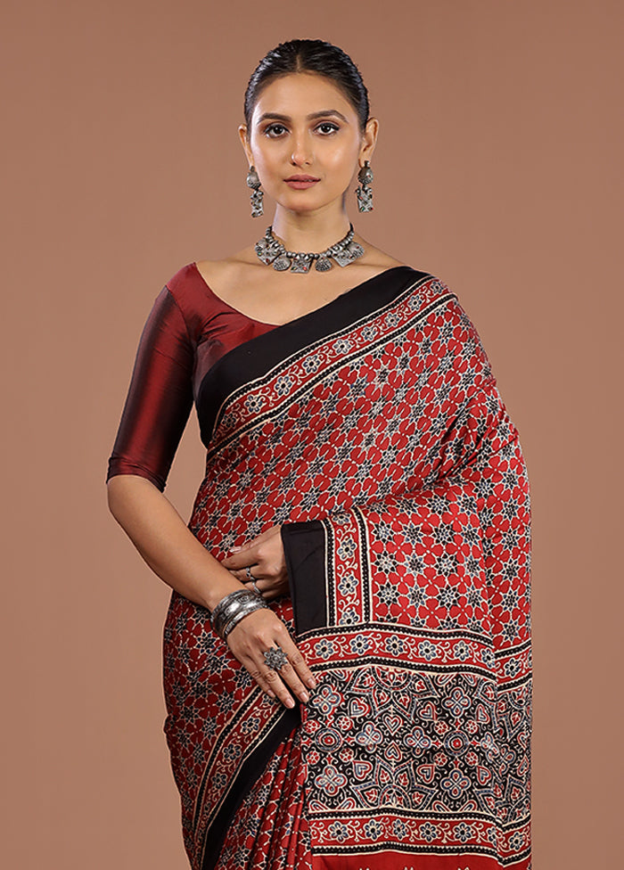 Maroon Printed Pure Silk Saree Without Blouse Piece