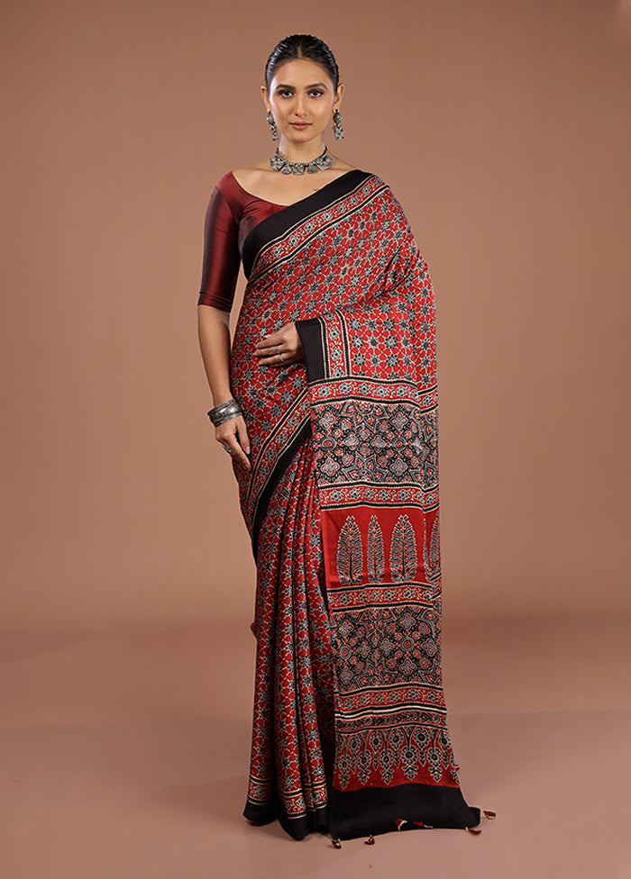 Maroon Printed Pure Silk Saree Without Blouse Piece