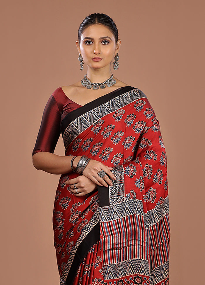 Maroon Printed Pure Silk Saree Without Blouse Piece