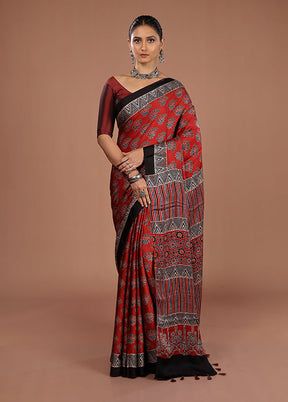 Maroon Printed Pure Silk Saree Without Blouse Piece