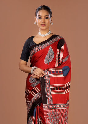 Maroon Printed Pure Silk Saree Without Blouse Piece
