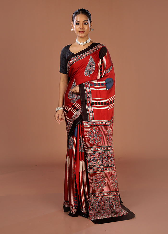 Maroon Printed Pure Silk Saree Without Blouse Piece