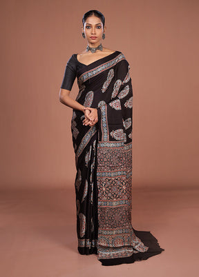 Black Printed Pure Silk Saree Without Blouse Piece