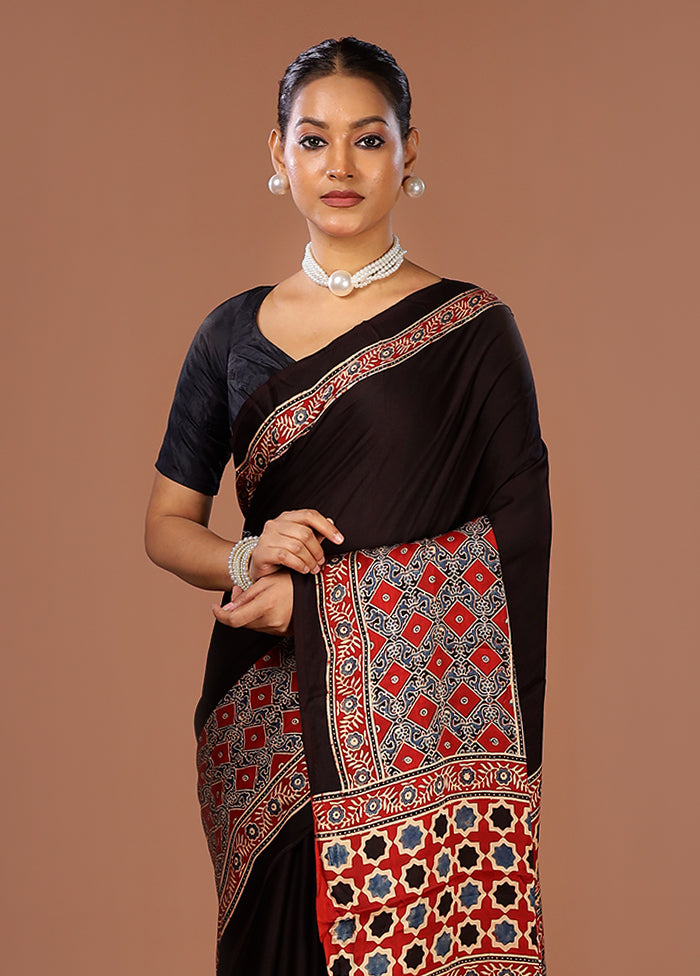 Brown Printed Pure Silk Saree Without Blouse Piece