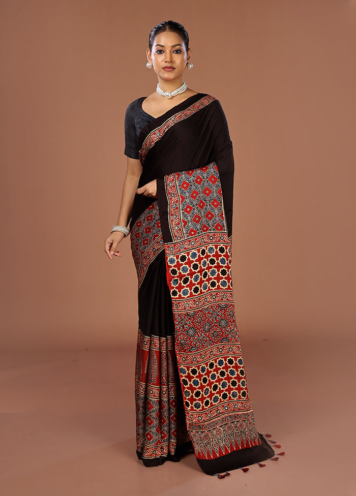 Brown Printed Pure Silk Saree Without Blouse Piece
