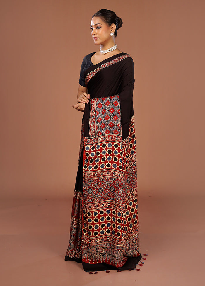 Brown Printed Pure Silk Saree Without Blouse Piece