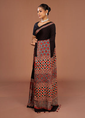 Brown Printed Pure Silk Saree Without Blouse Piece