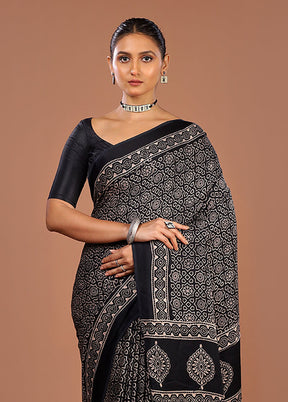 Black Printed Pure Silk Saree Without Blouse Piece