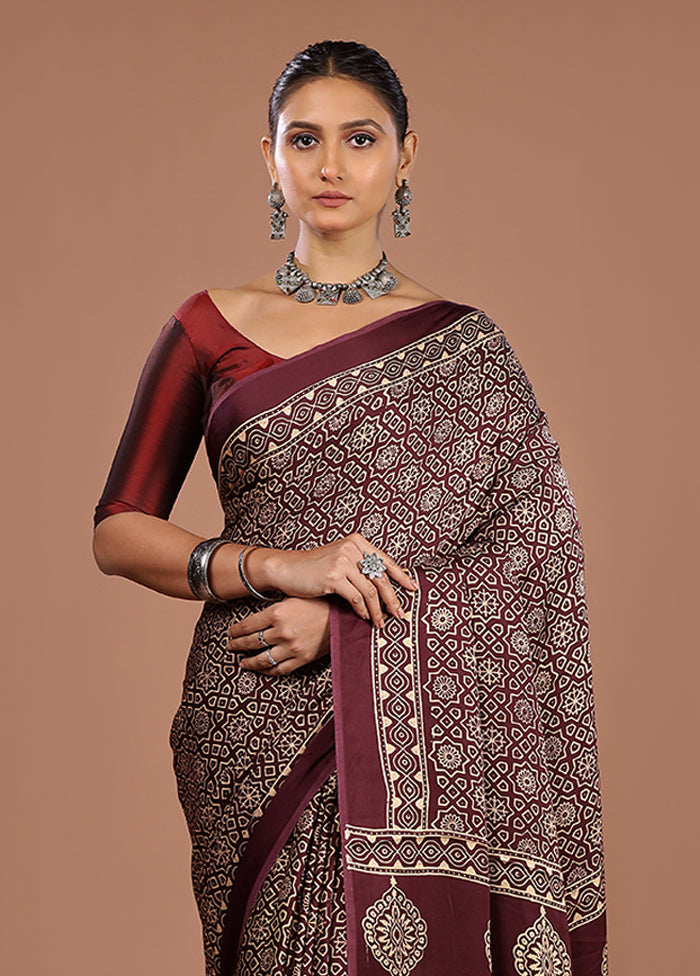 Maroon Printed Pure Silk Saree Without Blouse Piece