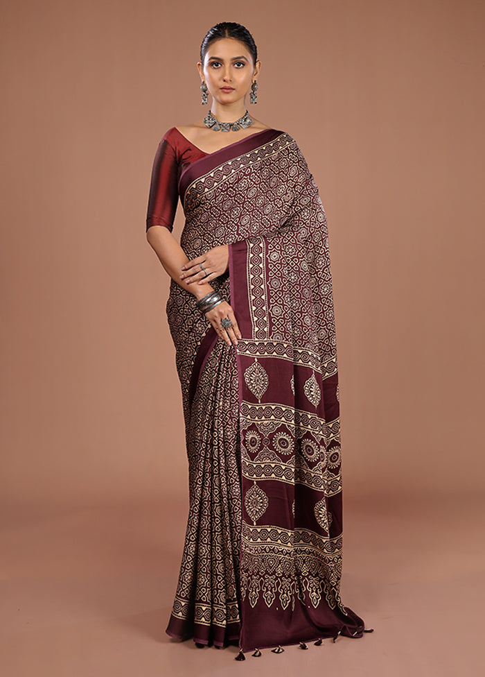 Maroon Printed Pure Silk Saree Without Blouse Piece