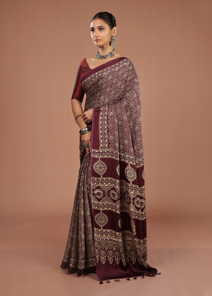Maroon Printed Pure Silk Saree Without Blouse Piece