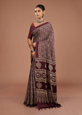 Maroon Printed Pure Silk Saree Without Blouse Piece