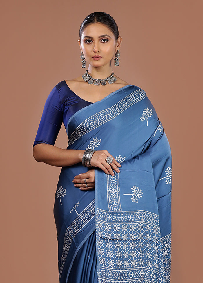Blue Printed Pure Silk Saree Without Blouse Piece