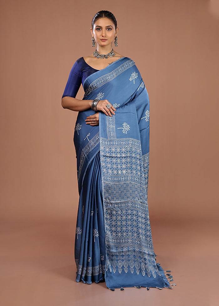 Blue Printed Pure Silk Saree Without Blouse Piece