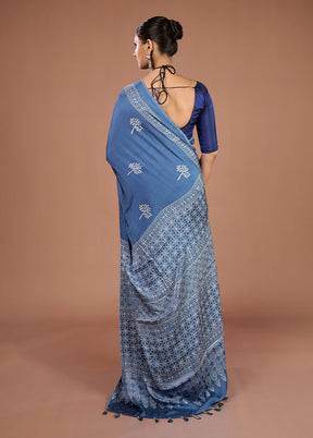 Blue Printed Pure Silk Saree Without Blouse Piece
