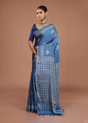 Blue Printed Pure Silk Saree Without Blouse Piece