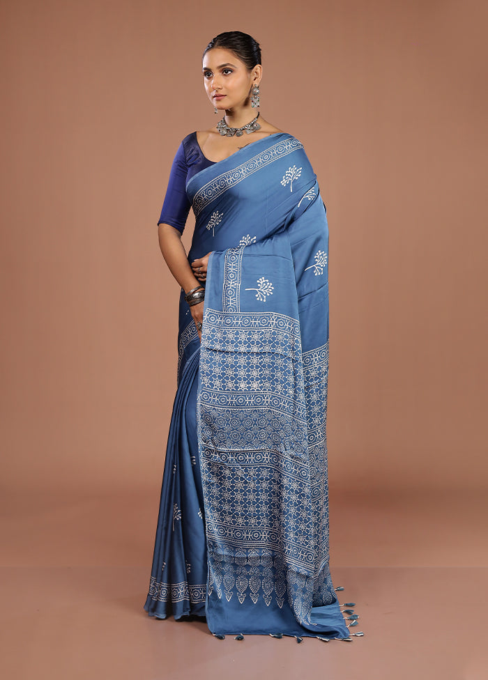 Blue Printed Pure Silk Saree Without Blouse Piece