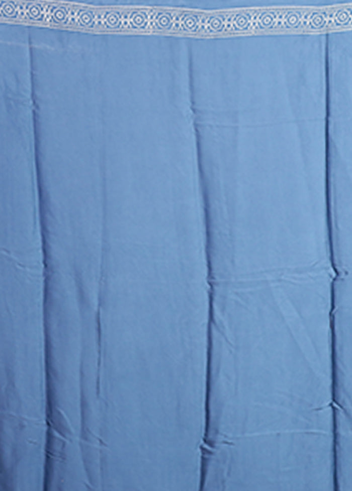 Blue Printed Pure Silk Saree Without Blouse Piece