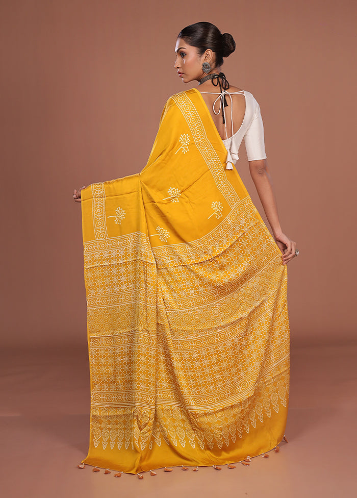 Yellow Printed Pure Silk Saree Without Blouse Piece