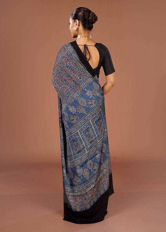 Blue Printed Pure Silk Saree Without Blouse Piece