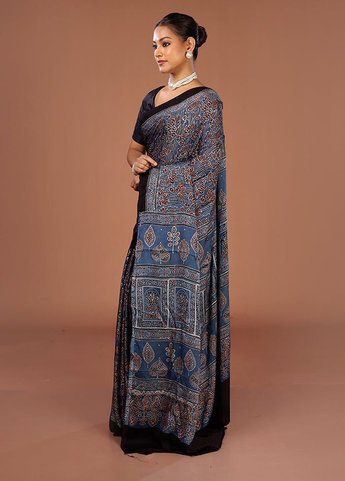 Blue Printed Pure Silk Saree Without Blouse Piece