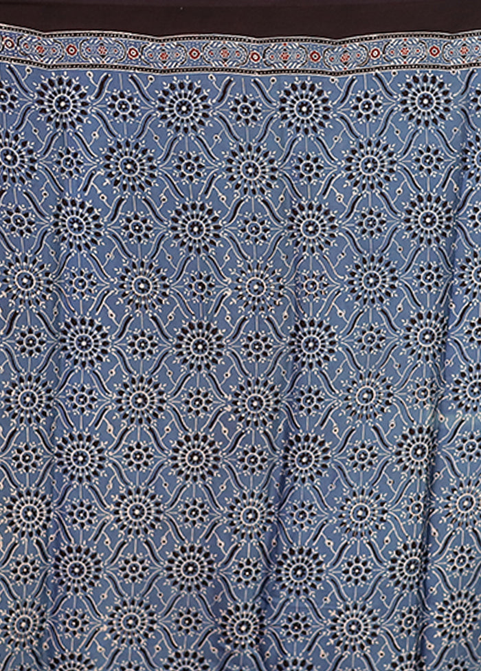 Blue Printed Pure Silk Saree Without Blouse Piece