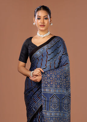 Blue Printed Pure Silk Saree Without Blouse Piece