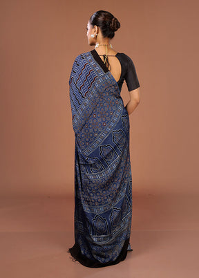 Blue Printed Pure Silk Saree Without Blouse Piece