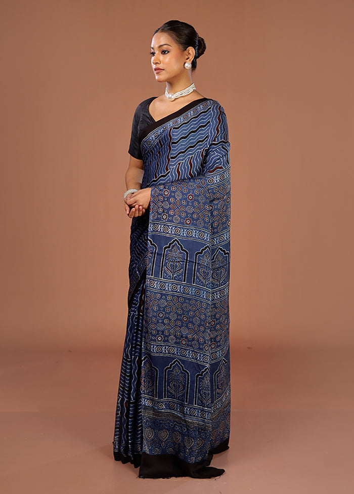Blue Printed Pure Silk Saree Without Blouse Piece