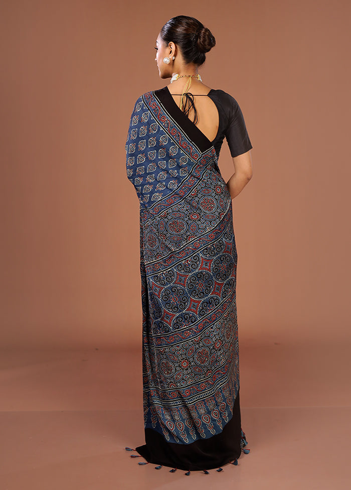 Blue Printed Pure Silk Saree Without Blouse Piece