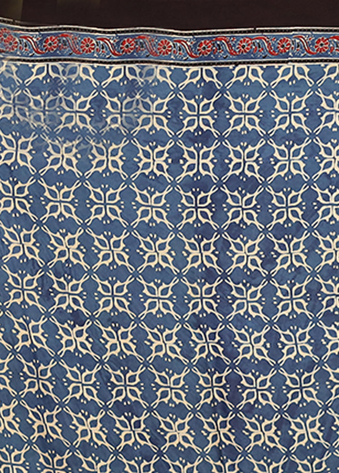 Blue Printed Pure Silk Saree Without Blouse Piece