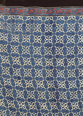 Blue Printed Pure Silk Saree Without Blouse Piece
