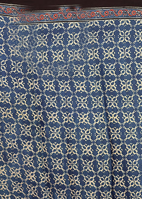 Blue Printed Pure Silk Saree Without Blouse Piece