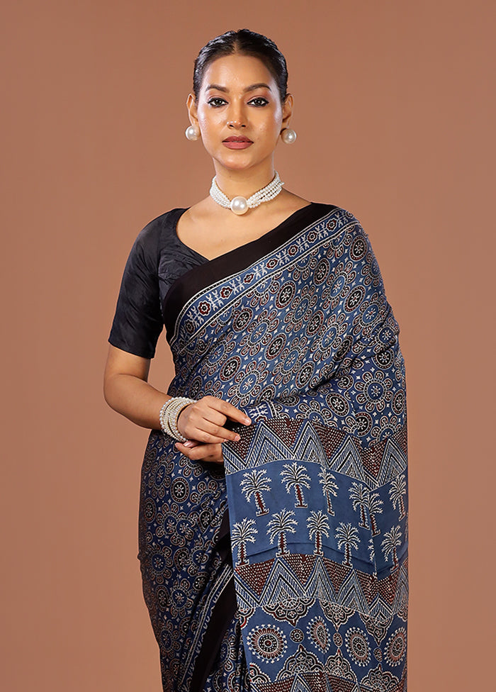 Blue Printed Pure Silk Saree Without Blouse Piece