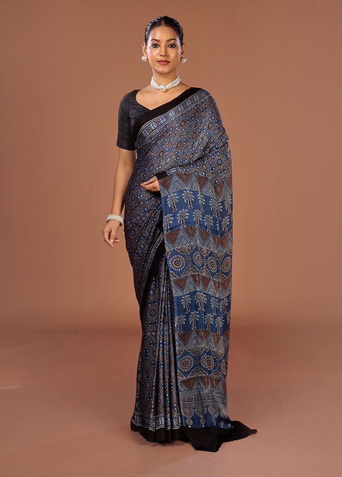 Blue Printed Pure Silk Saree Without Blouse Piece