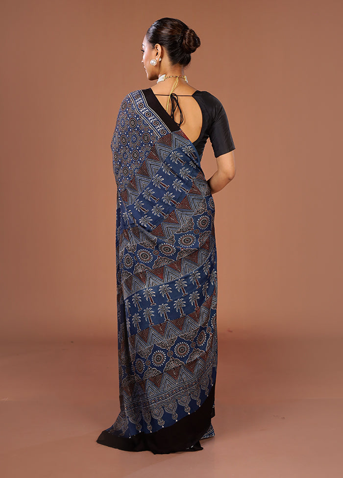 Blue Printed Pure Silk Saree Without Blouse Piece