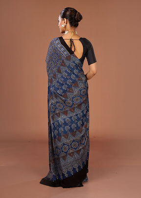Blue Printed Pure Silk Saree Without Blouse Piece