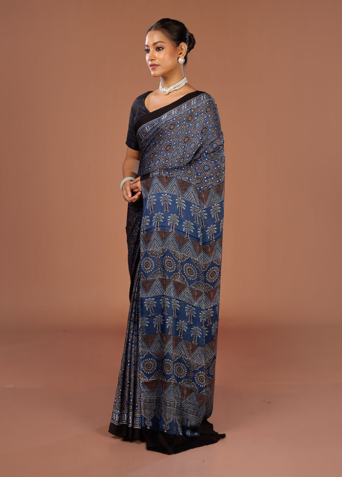 Blue Printed Pure Silk Saree Without Blouse Piece