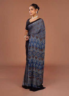 Blue Printed Pure Silk Saree Without Blouse Piece