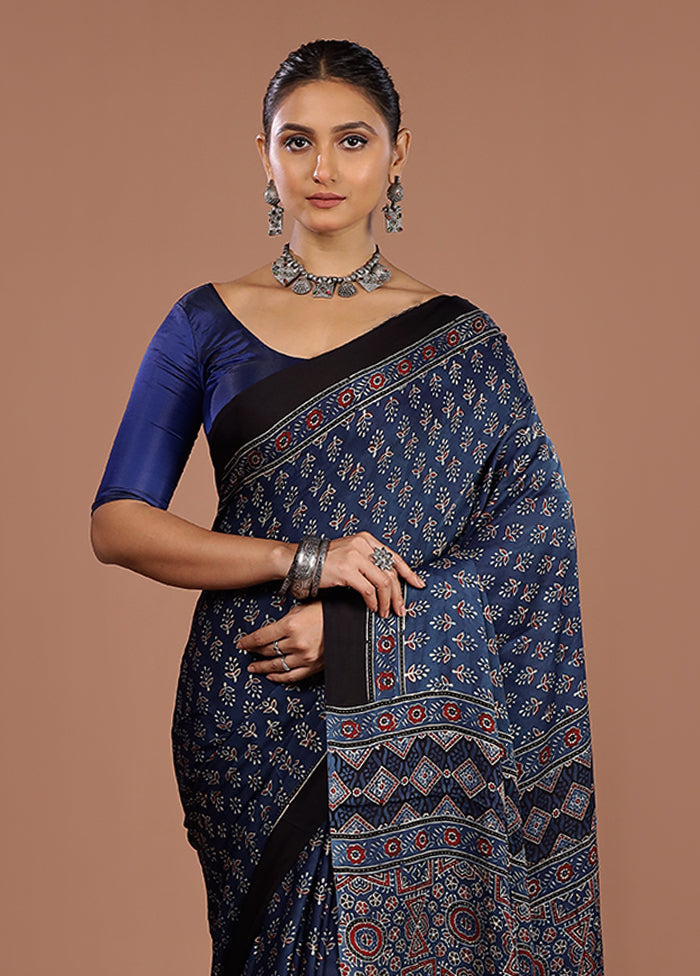 Blue Printed Pure Silk Saree Without Blouse Piece