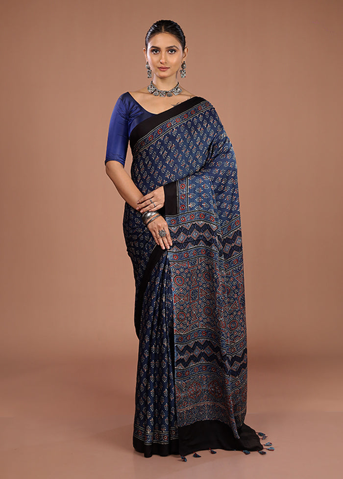 Blue Printed Pure Silk Saree Without Blouse Piece