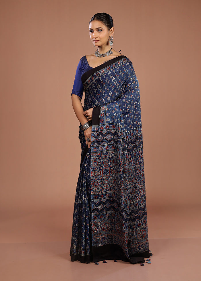 Blue Printed Pure Silk Saree Without Blouse Piece