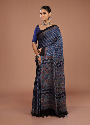 Blue Printed Pure Silk Saree Without Blouse Piece
